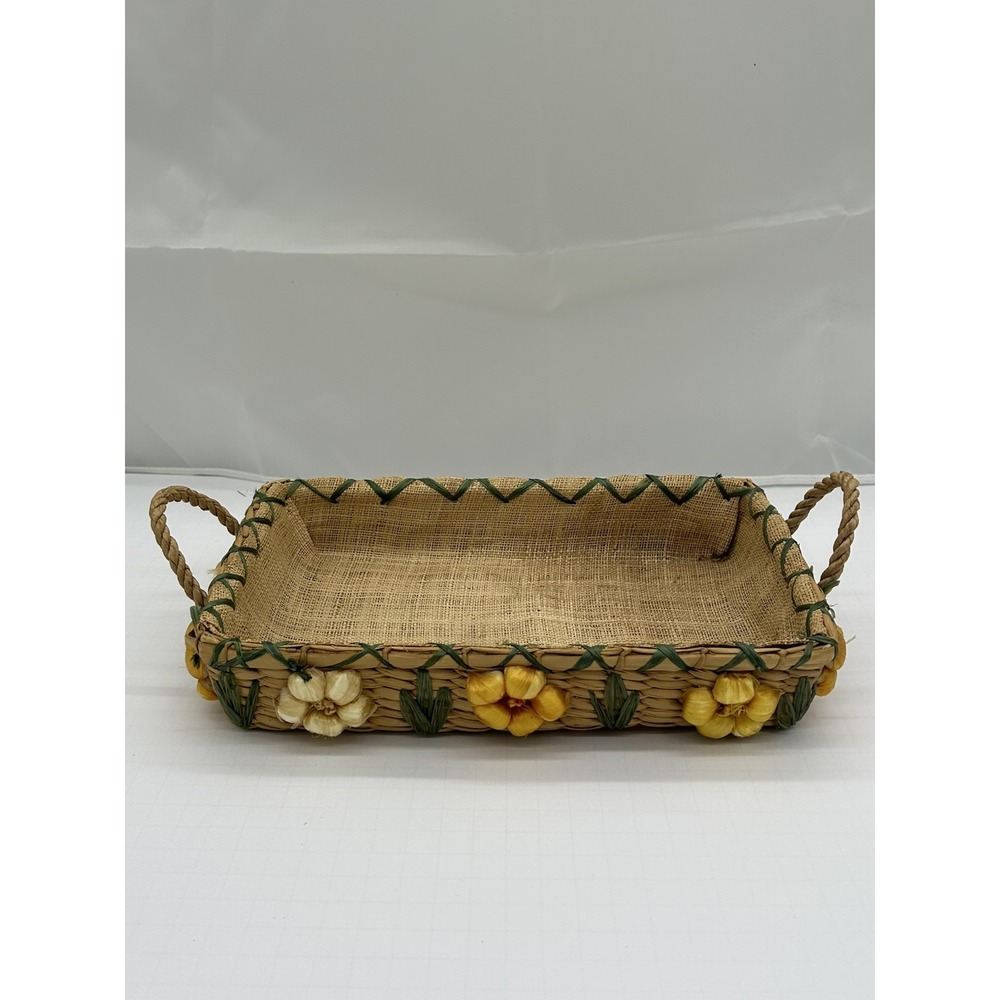 Vtg Pyrex Style Casserole Holder Lined Basket Handles 10x6 Yellow Floral Straw
